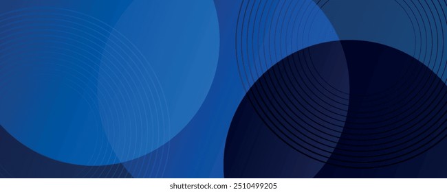 Latar belakang abstrak biru tua dengan bentuk geometris gradien biru Pola garis lingkaran biru mengilap modern. Desain geometris minimal. Konsep futuristik. Ilustrasi vektor