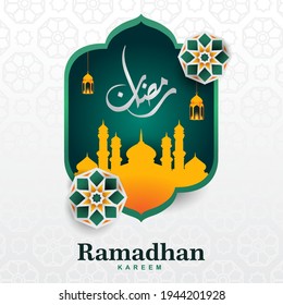 Latar belakang vektor Ramadhan. Ramadhan minimalis concept with lentera, masjid. Teks kaligrafi Arab Kareem Ramadhan. Kartu ucapan, spanduk, poster. Liburan Suci Islam Tradisional. Vector illustration