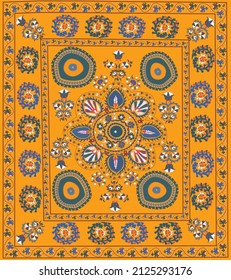 Late 19th Century Central Asian Suzani carpet, traditional element of home interior, flowers on yellow background.