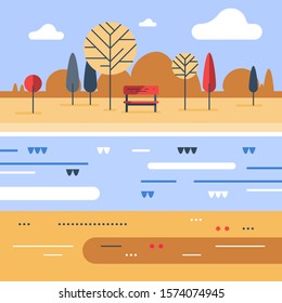 Late autumn, colorful park scene, small bench at river bank, sunny day, beautiful view, vector flat design illustration