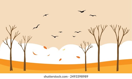 Late Autumn Landscape with Barren Trees and Birds. Seasonal illustration of autumn forest vector