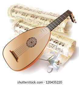 Late Baroque era lute with notes in retro style. Vector illustration.