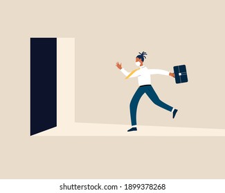 Late black business man with briefcase rushing in a hurry to get on time to office. Business person running fast with facemask and waving necktie concept. New reality. Modern vector illustration.