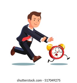 Late business man chasing deadline time in a rush hour. Businessman running after animated alive clock. Flat style vector illustration isolated on white background.