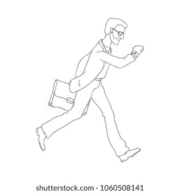 Late business man hurrying up looking at watches holding suitcase. Hand drawn adult man in glasses, suit going to meeting, work. Male office character in flat style. Vector monochrome illustration