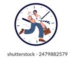 Late business man runs to work, trying meet deadlines, located inside large clock. Guy in hurry fussing because of lack of time management to avoid violating deadlines and wasting unnecessary nerves