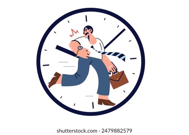 Late business man runs to work, trying meet deadlines, located inside large clock. Guy in hurry fussing because of lack of time management to avoid violating deadlines and wasting unnecessary nerves