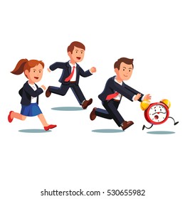 Late business man and woman team chasing deadline time in a rush hour. Businessman and businesswoman running after animated alive clock with legs. Flat style vector illustration.