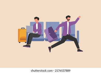 Late Businessman running through the airport terminal, holding the luggage. Airport activity concept. Flat vector illustration isolated. 