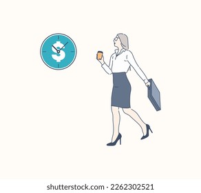 A late businesswoman holding a cup of coffee, time is money. hand drawn style vector design illustration