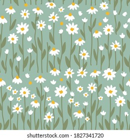 Late chamomiles on green background. Seamless vector pattern in repeat. Retro textile collection. Template for dresses, scarves.