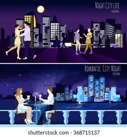 Late dating couple against modern city illuminated nightscape background 2 horizontal banners collection abstract isolated vector illustration