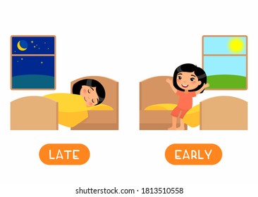 LATE and EARLY antonyms flashcard flat vector template. Opposites concept. Word card for english language learning with cartoon character. Asain girl waking up and sleeping illustration