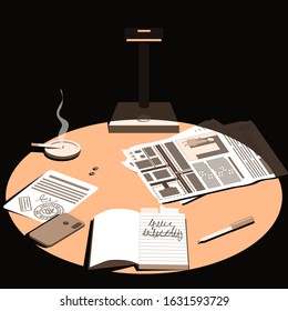 Late In The Evening, A Lamp Falls On The Desktop. Desk Of A Detective, Investigator Or Night Shift Worker. View From Above. Flat Vector Illustration.