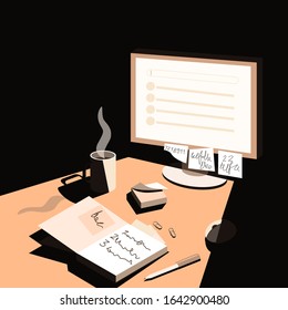 Late in the evening the light from the computer falls on the desktop.
Desk of a detective, investigator, night shift worker or student. Home office workplace.  Flat vector illustration.
