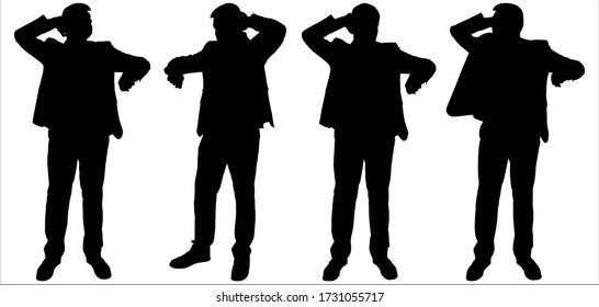 Late guys. Hurrying people. Businessmen stand still and look at the wristwatch. Four black male silhouettes isolated on a white background. Young guys in business suits. Office workers. Vector.