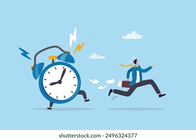 Late, hurry to go to work, rushing or running fast before deadline, speed or busy job, pressure or challenge to finish work in time, urgency concept, frustrated businessman hurry running to work late.