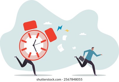 Late, hurry to go to work, rushing or running fast before deadline, speed or busy job, pressure or challenge to finish work in time,business concept.flat character.