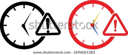  Late icon. warning triangle icon symbolizing delay alert icons. clock with exclamation
