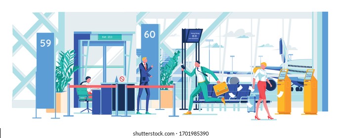 Late Man Hurry to Check-in for Boarding Plane. Man in Business Suit Runs to Security Control Point. Document Flies Out his Suitcase, Airport Employee Say he is Late. Outside Window Boarding Plane.