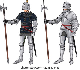 Late Medieval Men at Arms on Foot in Full Plate Armour and with Polearms, Illustration Isolated on White Background, EPS 10 Vector