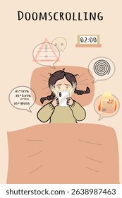 Late Night Doomscrolling Vector Illustration – Digital Addiction and Anxiety Concept