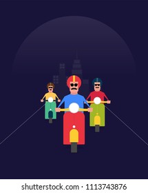 Late Night Food Delivery Concept For Poster/banner/ad/standee/brochure. Three Men Riding Retro Scooters