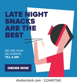 Late Night Food Delivery Concept. Vector Illustration Of A Person Eating Noodles With Chopsticks. Food Love Concept