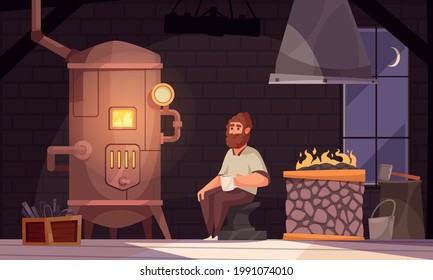 Late night forging cartoon composition with blacksmith in traditional old style workshop maintaining coal fire vector illustration