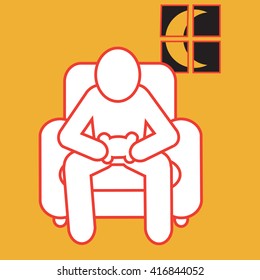 Late night gaming. Figure in easy chair with a game controller and the moon is in the window in the background