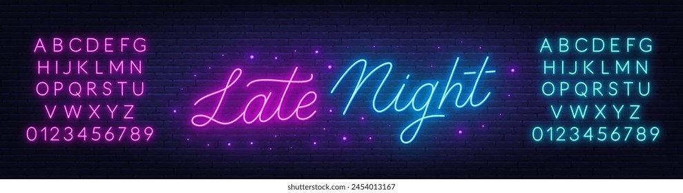 Late Night Neon Sign on brick wall background.