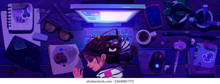 Late night office work with tired woman sleep on desk illustration. Burnout and exhausted girl worker frustrated on table and nap. Tiredness and fatigue professional employee character meet deadline