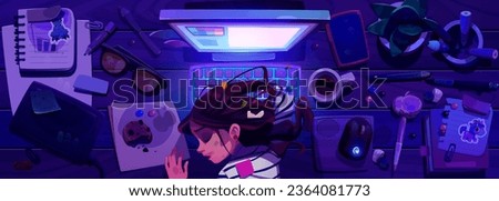 Late night office work with tired woman sleep on desk illustration. Burnout and exhausted girl worker frustrated on table and nap. Tiredness and fatigue professional employee character meet deadline