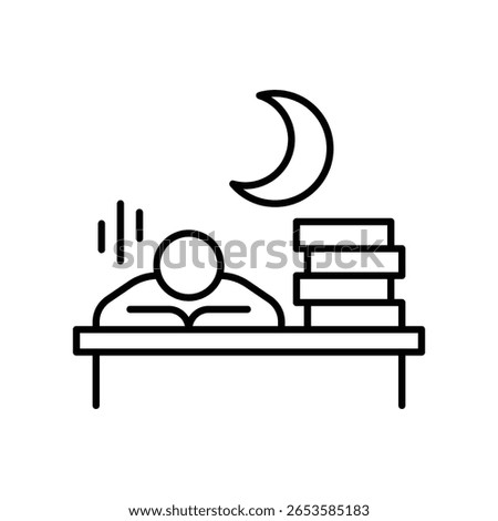 Late Night Overwork Icon. Outline Style. Vector. Tired Employee Sleeping at Office Desk with Paper Stack and Moon Symbol. Labor Shortage Effect. Exhaustion and Productivity Crisis