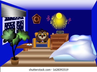Late night, an owl plays a rubik's cube to loud music, vector clip art