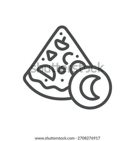 Late Night Pizza Icon. Simple Line Illustration of Pizza Slice with Crescent Moon, Symbolizing Midnight Snack, Nightlife Dining and Evening Cravings.