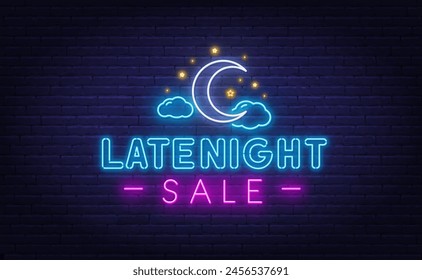 Late Night Sale Neon Sign on brick wall background.