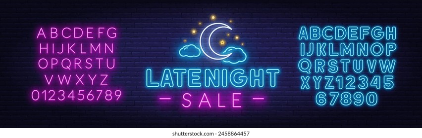 Late Night Sale Neon Sign on brick wall background.