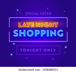 Venta nocturna tardía, oferta especial Banner publicitario con tipografía sobre fondo azul con estrellas brillantes. Diseño para Descuento Comercial. Anuncio de promoción de medios sociales, afiche, volante o tarjeta. Ilustración vectorial