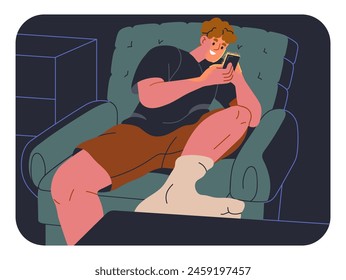 Late night scrolling, man with mobile phone. Evening time, surfing online social media. Smartphone addicted character enjoying digital leisure, watching videos, chatting. Flat vector illustration