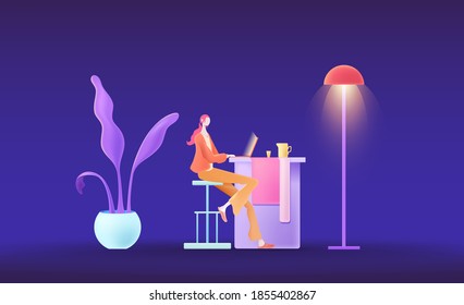 Late at night sitting at the desk using computer chat white collar vector poster illustration background