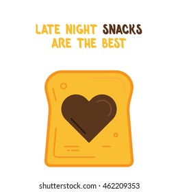 "Late night snacks are the best". colored heart shaped jam sandwich on white background. Food background. Vector illustration. 