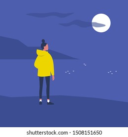 Late Night Walk. Nature. Moonlight. Travel. Solitude. Flat Editable Vector Illustration, Clip Art. Young Female Character Looking At Water