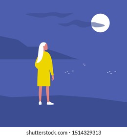 Late night walk. Nature. Moonlight. Travel. Solitude. Flat editable vector illustration, clip art. Young female character looking at water