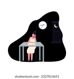 Late night working young beautiful girl sitting reading book concentration learning study 