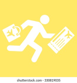 Late Passenger vector icon. Style is flat white symbol, rounded angles, yellow background.