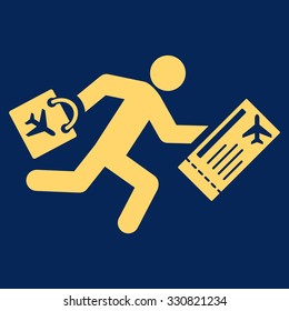 Late Passenger vector icon. Style is flat yellow symbol, rounded angles, blue background.