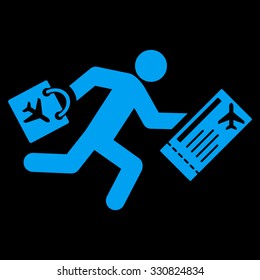 Late Passenger vector icon. Style is flat blue symbol, rounded angles, black background.