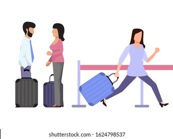 Late passengers runs at the airport. Woman tourist with luggage runs to the airport gate. Couple tourists talking each other. Girl hurries aboard the plane vector illustration