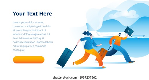 Late passengers with a suitcase run to the plane. Vector illustration on the topic of tardiness and plane travel. Horizontal banner template.